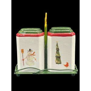 Vtg. FIGI Christmas Salt & Pepper Shaker Set Metal Tray Snowman & Christmas Tree